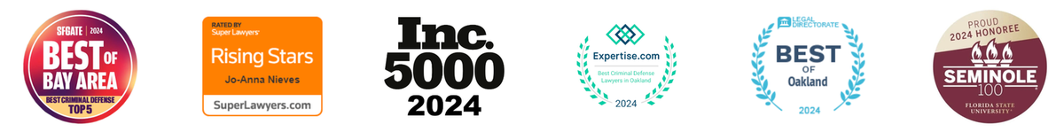 SFGATE Best of Bay Area 2024 Top 5 Criminal Defense · Super Lawyers Rising Stars, Jo-Anna Nieves · Inc. 5000 2024 · Expertise.com Best Criminal Defense Lawyers in Oakland 2024 · Legal Directorate Best of Oakland 2024 · Seminole 100 Florida State University 2024